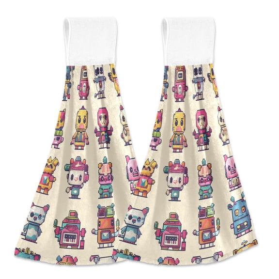 2 Pcs Kitchen Hand Towels with Hanging Loops Absorbent Soft Fast Drying Decor Bath Towels Characters Pixel Style