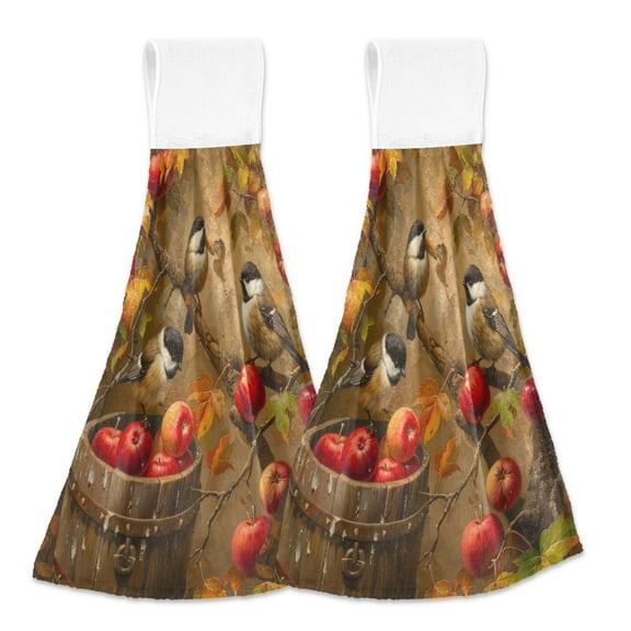 2 Pcs Kitchen Hand Towels with Hanging Loops Absorbent Soft Fast Drying Decor Bath Towels Chickadees Birds on Apple Tree
