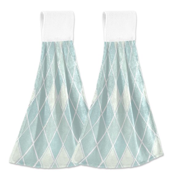 2 Pcs Kitchen Hand Towels with Hanging Loops Absorbent Soft Fast Drying Decor Bath Towels Clear Cerulean Block