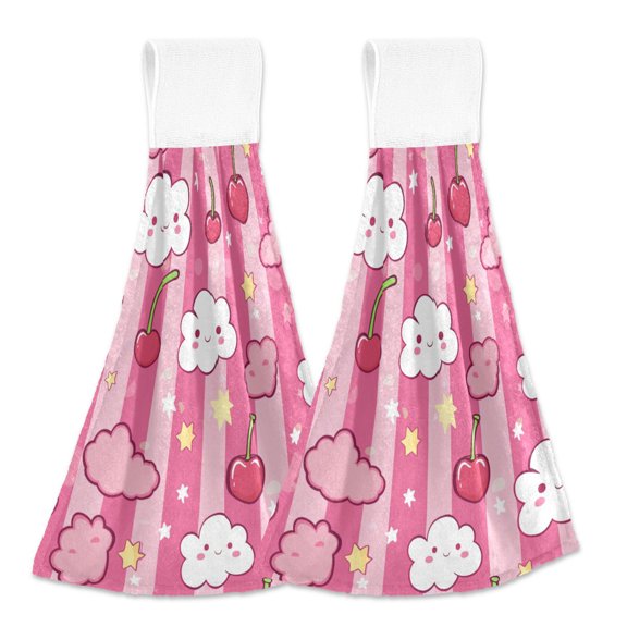 2 Pcs Kitchen Hand Towels with Hanging Loops Absorbent Soft Fast Drying Decor Bath Towels Clouds Cherries Star