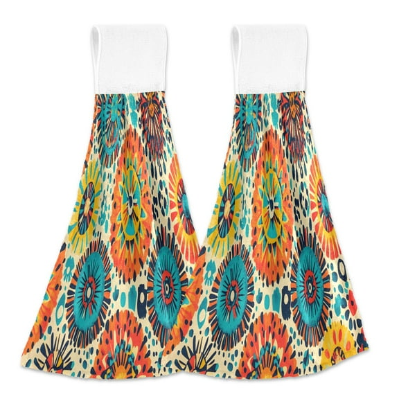 2 Pcs Kitchen Hand Towels with Hanging Loops Absorbent Soft Fast Drying Decor Bath Towels Colorful Bohemian Geometry