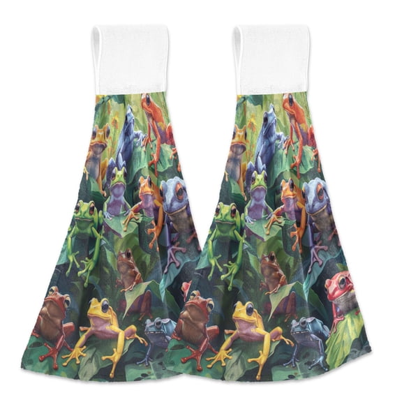 2 Pcs Kitchen Hand Towels with Hanging Loops Absorbent Soft Fast Drying Decor Bath Towels Colorful Frogs on Leaves