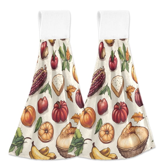 2 Pcs Kitchen Hand Towels with Hanging Loops Absorbent Soft Fast Drying Decor Bath Towels Corn Apple Pumpkin