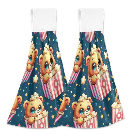 2 Pcs Kitchen Hand Towels with Hanging Loops Absorbent Soft Fast Drying Decor Bath Towels Cute Bear in Popcorn