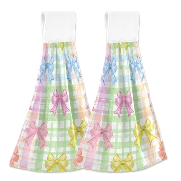 2 Pcs Kitchen Hand Towels with Hanging Loops Absorbent Soft Fast Drying Decor Bath Towels Cute Bows and Plaid