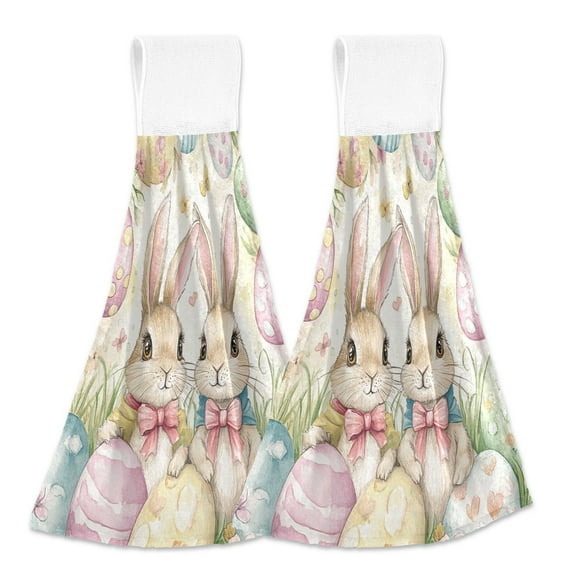 2 Pcs Kitchen Hand Towels with Hanging Loops Absorbent Soft Fast Drying Decor Bath Towels Cute Bunnies and Easter Eggs