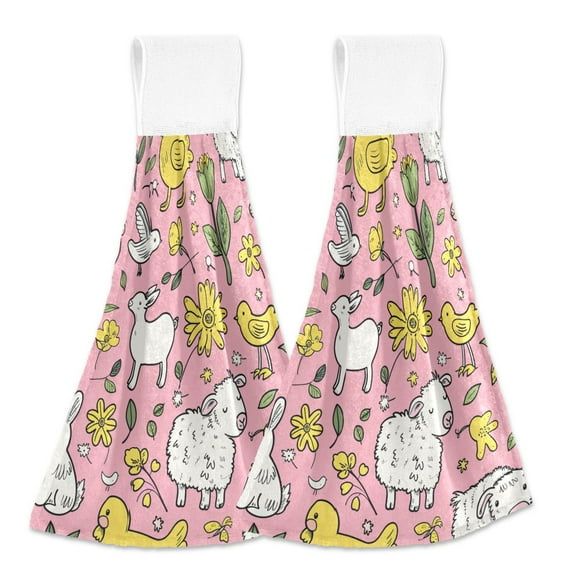 2 Pcs Kitchen Hand Towels with Hanging Loops Absorbent Soft Fast Drying Decor Bath Towels Cute Farm Animals