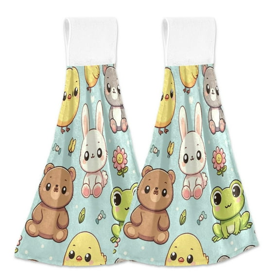 2 Pcs Kitchen Hand Towels with Hanging Loops Absorbent Soft Fast Drying Decor Bath Towels Cute Frog Bear Rabbit