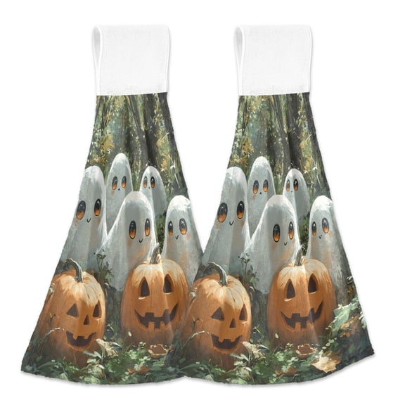 2 Pcs Kitchen Hand Towels with Hanging Loops Absorbent Soft Fast Drying Decor Bath Towels Cute Ghosts Pumpkins in Forest