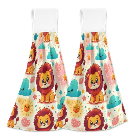 2 Pcs Kitchen Hand Towels with Hanging Loops Absorbent Soft Fast Drying Decor Bath Towels Cute Lion Sun Cloud