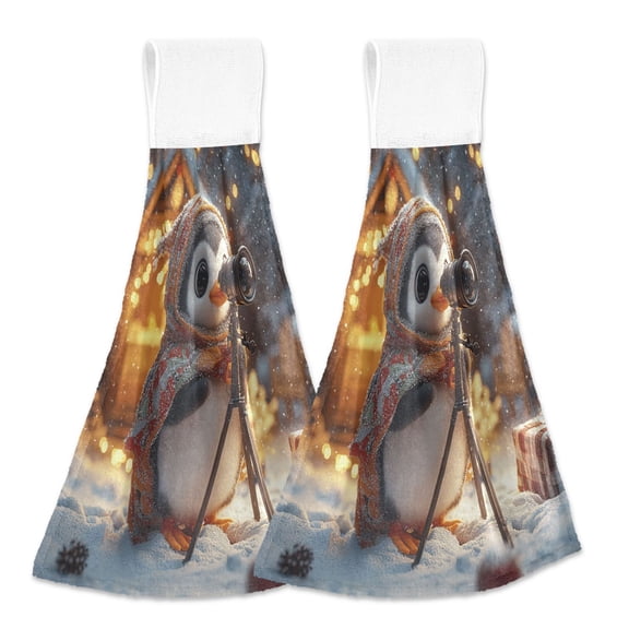 2 Pcs Kitchen Hand Towels with Hanging Loops Absorbent Soft Fast Drying Decor Bath Towels Cute Penguin and Telescopes