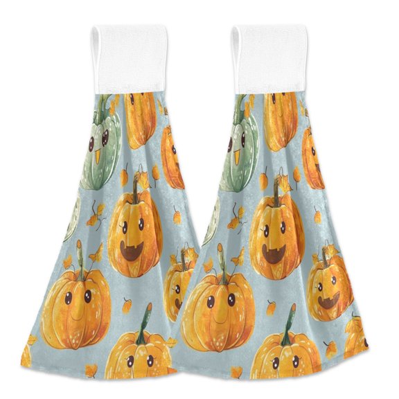 2 Pcs Kitchen Hand Towels with Hanging Loops Absorbent Soft Fast Drying Decor Bath Towels Cute Pumpkin and Leaf