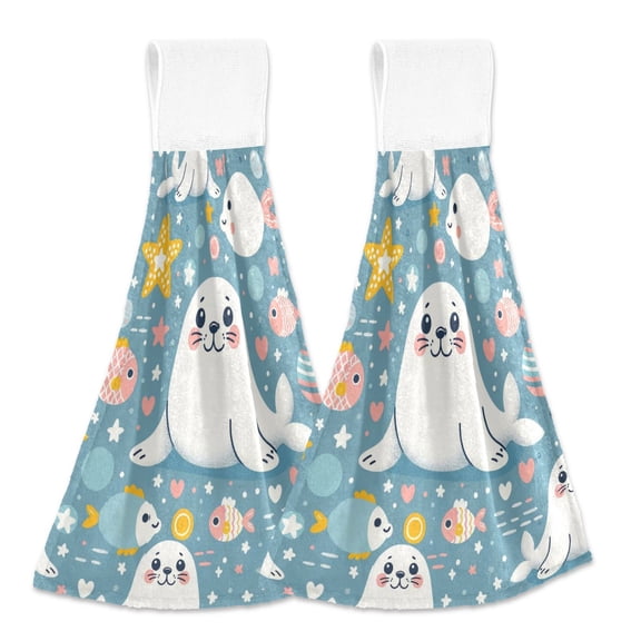 2 Pcs Kitchen Hand Towels with Hanging Loops Absorbent Soft Fast Drying Decor Bath Towels Cute Seal Fish Star Dot