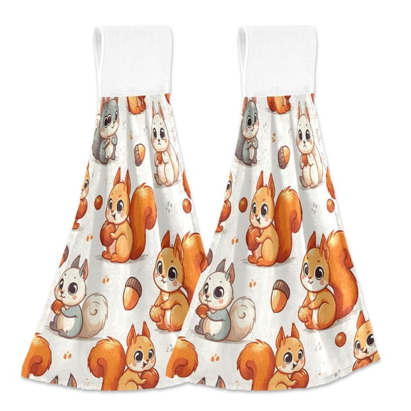 2 Pcs Kitchen Hand Towels with Hanging Loops Absorbent Soft Fast Drying Decor Bath Towels Cute Squirrel Hold Pine Nut