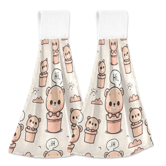 2 Pcs Kitchen Hand Towels with Hanging Loops Absorbent Soft Fast Drying Decor Bath Towels Cute Teddy Bear in Pots