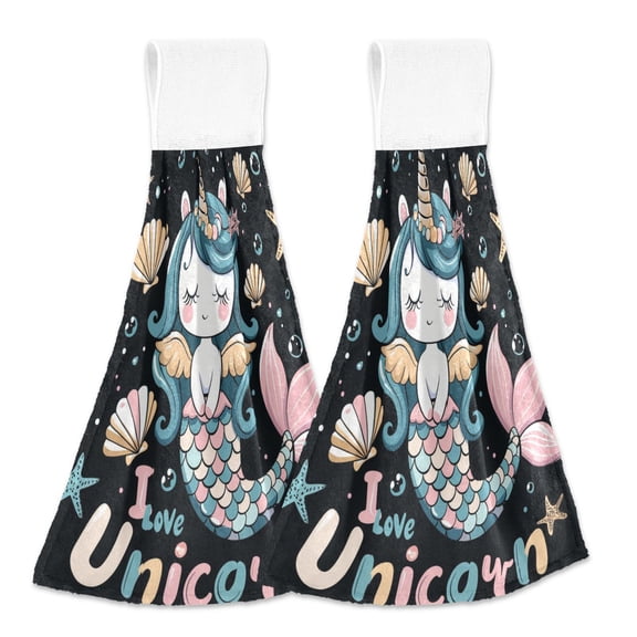 2 Pcs Kitchen Hand Towels with Hanging Loops Absorbent Soft Fast Drying Decor Bath Towels Cute Unicorn Mermaid