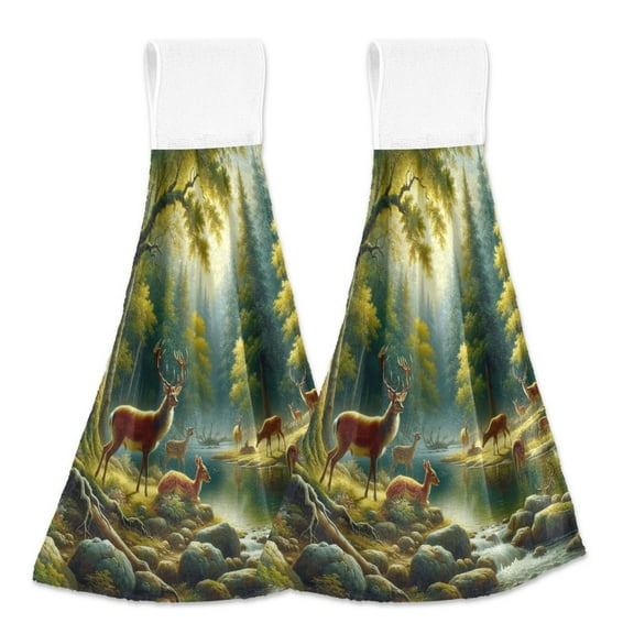 2 Pcs Kitchen Hand Towels with Hanging Loops Absorbent Soft Fast Drying Decor Bath Towels Deer in Forest by Water