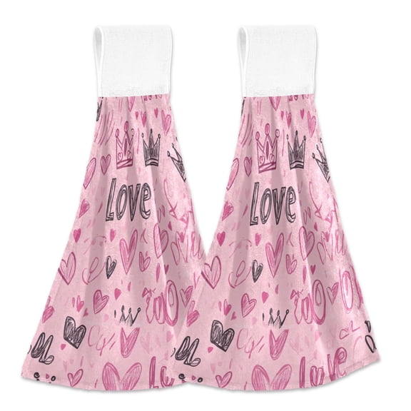 2 Pcs Kitchen Hand Towels with Hanging Loops Absorbent Soft Fast Drying Decor Bath Towels Doodle Love Hearts Crowns