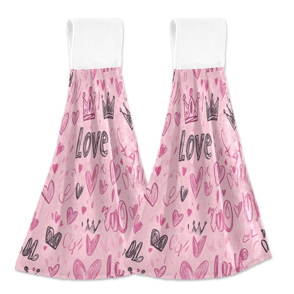 2 Pcs Kitchen Hand Towels with Hanging Loops Absorbent Soft Fast Drying Decor Bath Towels Doodle Love Hearts Crowns
