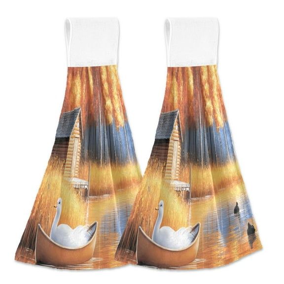 2 Pcs Kitchen Hand Towels with Hanging Loops Absorbent Soft Fast Drying Decor Bath Towels Ducks in Boat on River