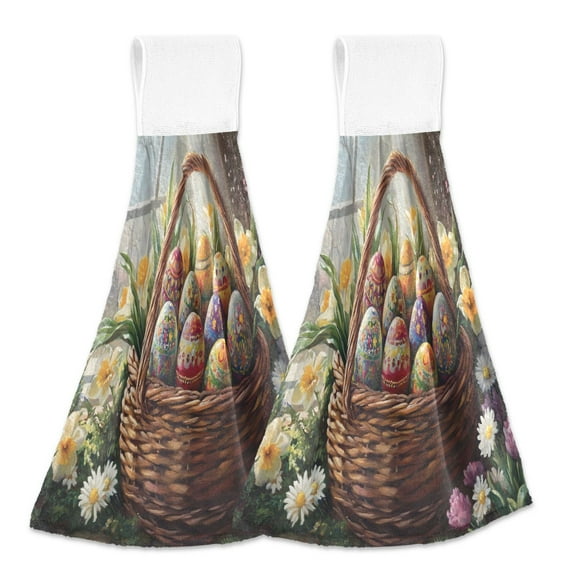 2 Pcs Kitchen Hand Towels with Hanging Loops Absorbent Soft Fast Drying Decor Bath Towels Easter Egg Flower