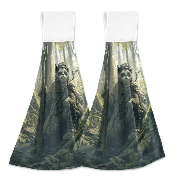 2 Pcs Kitchen Hand Towels with Hanging Loops Absorbent Soft Fast Drying Decor Bath Towels Ewok in Forest