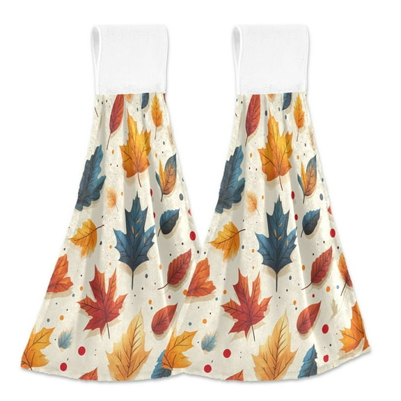 2 Pcs Kitchen Hand Towels with Hanging Loops Absorbent Soft Fast Drying Decor Bath Towels Fall Leaf and Dots