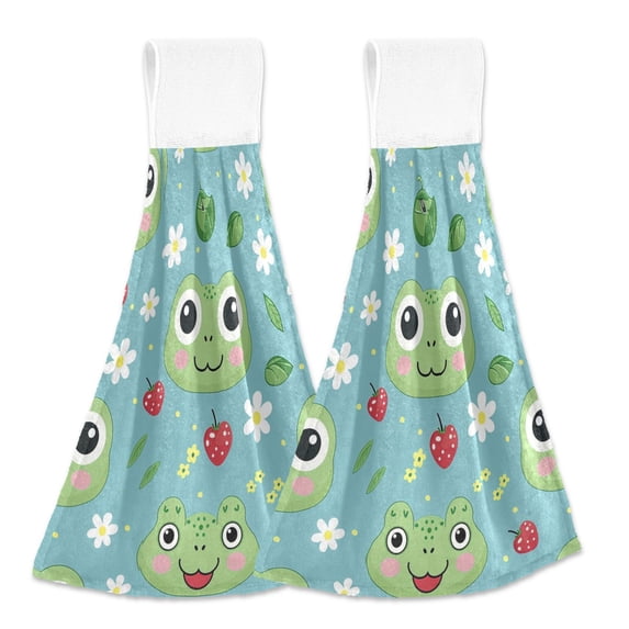 2 Pcs Kitchen Hand Towels with Hanging Loops Absorbent Soft Fast Drying Decor Bath Towels Frog Face Leaf Strawberry Flower