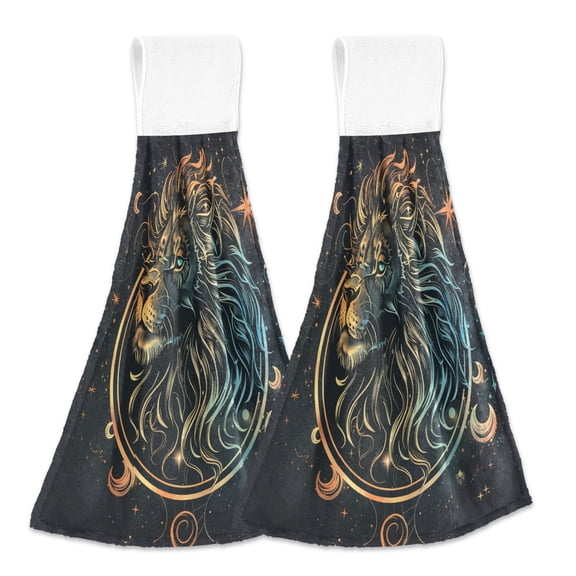 2 Pcs Kitchen Hand Towels with Hanging Loops Absorbent Soft Fast Drying Decor Bath Towels Handsome Lion Head