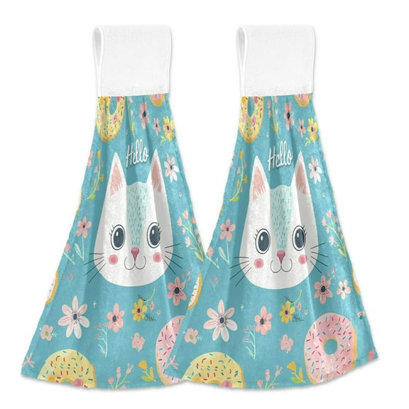 2 Pcs Kitchen Hand Towels with Hanging Loops Absorbent Soft Fast Drying Decor Bath Towels Hello Cat Face