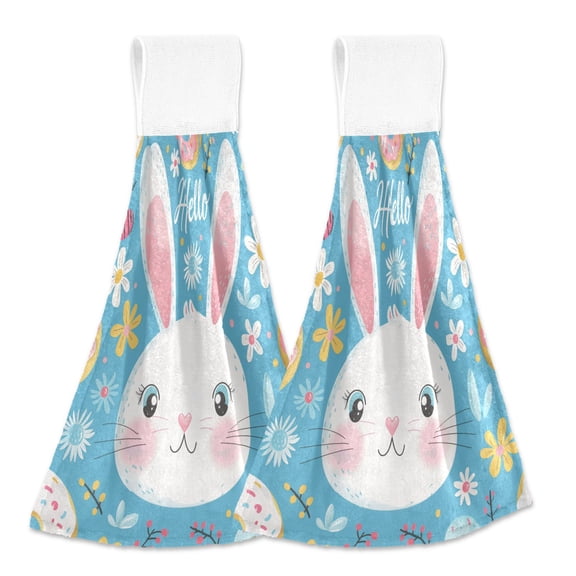 2 Pcs Kitchen Hand Towels with Hanging Loops Absorbent Soft Fast Drying Decor Bath Towels Hello Rabbit Face