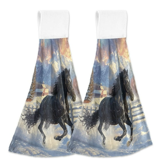 2 Pcs Kitchen Hand Towels with Hanging Loops Absorbent Soft Fast Drying Decor Bath Towels Horse Galloping in Snow