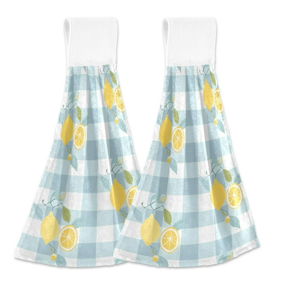 2 Pcs Kitchen Hand Towels with Hanging Loops Absorbent Soft Fast Drying Decor Bath Towels Lemons on Plaid