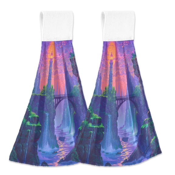 2 Pcs Kitchen Hand Towels with Hanging Loops Absorbent Soft Fast Drying Decor Bath Towels Lighthouse and Bridge on Sunset