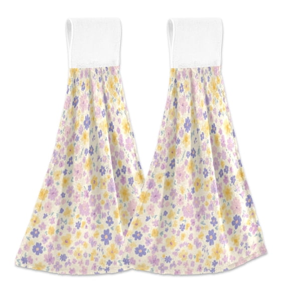 2 Pcs Kitchen Hand Towels with Hanging Loops Absorbent Soft Fast Drying Decor Bath Towels Lilac Yellow Tiny Flower