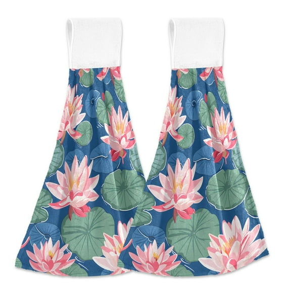 2 Pcs Kitchen Hand Towels with Hanging Loops Absorbent Soft Fast Drying Decor Bath Towels Lily Flower and Lotus Leaf