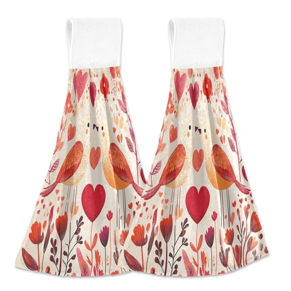 2 Pcs Kitchen Hand Towels with Hanging Loops Absorbent Soft Fast Drying Decor Bath Towels Lovebirds with Flowers Vines Hearts