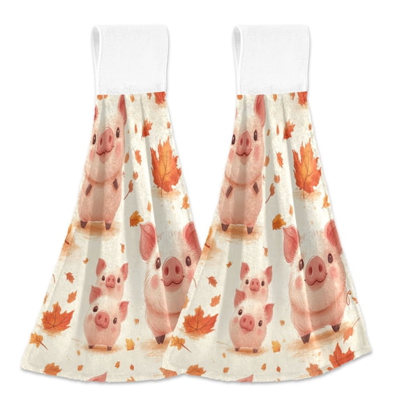 2 Pcs Kitchen Hand Towels with Hanging Loops Absorbent Soft Fast Drying Decor Bath Towels Lovely Pig and Leaf