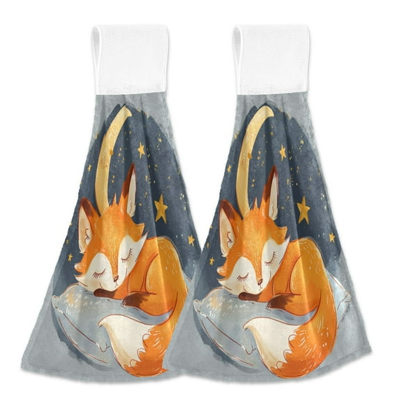 2 Pcs Kitchen Hand Towels with Hanging Loops Absorbent Soft Fast Drying Decor Bath Towels Lovely Sleep Fox with Moon