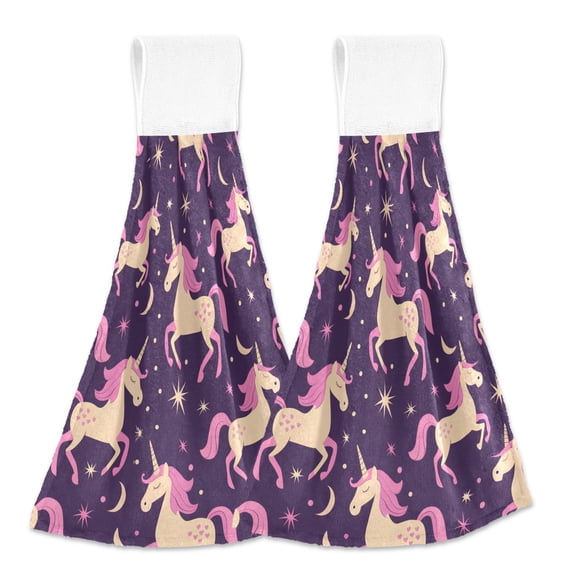 2 Pcs Kitchen Hand Towels with Hanging Loops Absorbent Soft Fast Drying Decor Bath Towels Magic Unicorn and Star