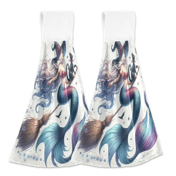 2 Pcs Kitchen Hand Towels with Hanging Loops Absorbent Soft Fast Drying Decor Bath Towels Mermaid Witch Flying on Broom