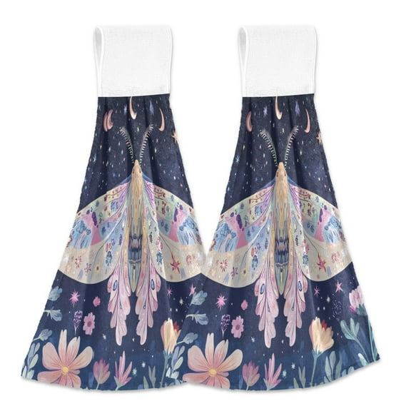 2 Pcs Kitchen Hand Towels with Hanging Loops Absorbent Soft Fast Drying Decor Bath Towels Moth Moon Flower