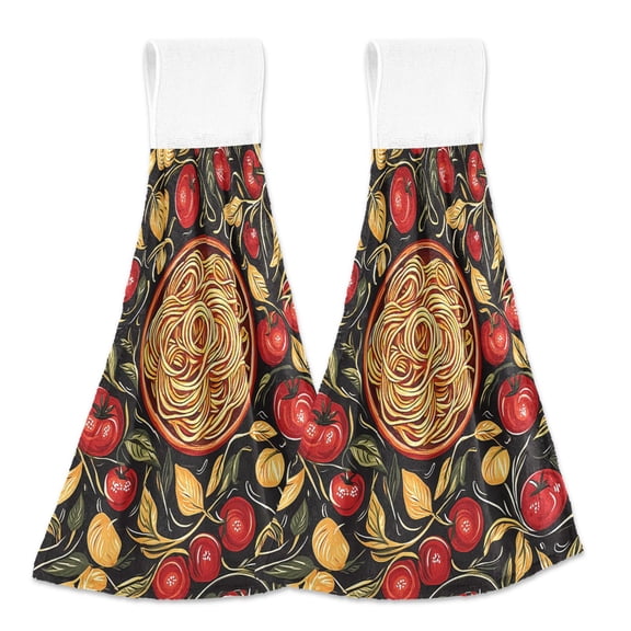 2 Pcs Kitchen Hand Towels with Hanging Loops Absorbent Soft Fast Drying Decor Bath Towels Noodles and Tomatoes