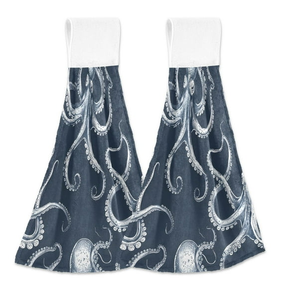 2 Pcs Kitchen Hand Towels with Hanging Loops Absorbent Soft Fast Drying Decor Bath Towels Octopus Sketchy