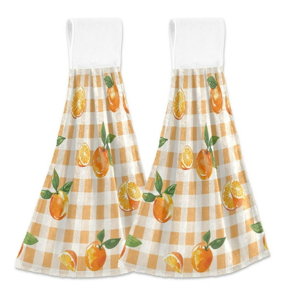 2 Pcs Kitchen Hand Towels with Hanging Loops Absorbent Soft Fast Drying Decor Bath Towels Orange on Gingham