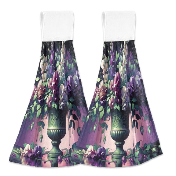 2 Pcs Kitchen Hand Towels with Hanging Loops Absorbent Soft Fast Drying Decor Bath Towels Pea Flowers Bouquet