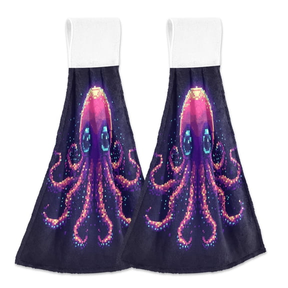 2 Pcs Kitchen Hand Towels with Hanging Loops Absorbent Soft Fast Drying Decor Bath Towels Pixel Octopus