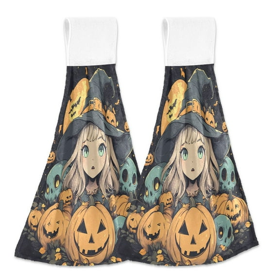 2 Pcs Kitchen Hand Towels with Hanging Loops Absorbent Soft Fast Drying Decor Bath Towels Pumpkins Surround Cute Witch