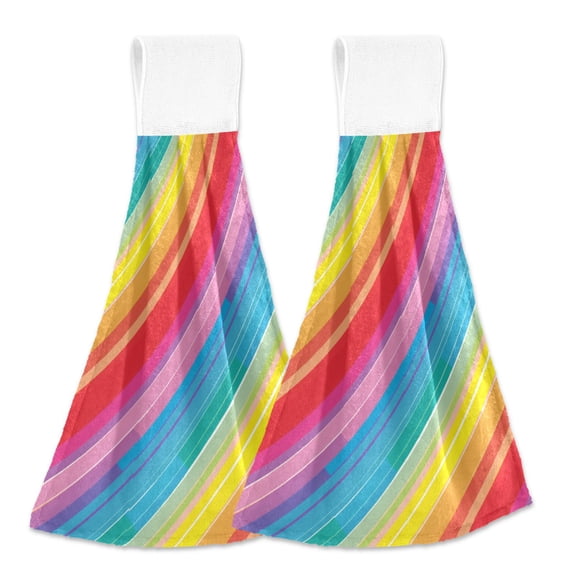 2 Pcs Kitchen Hand Towels with Hanging Loops Absorbent Soft Fast Drying Decor Bath Towels Rainbow Lines
