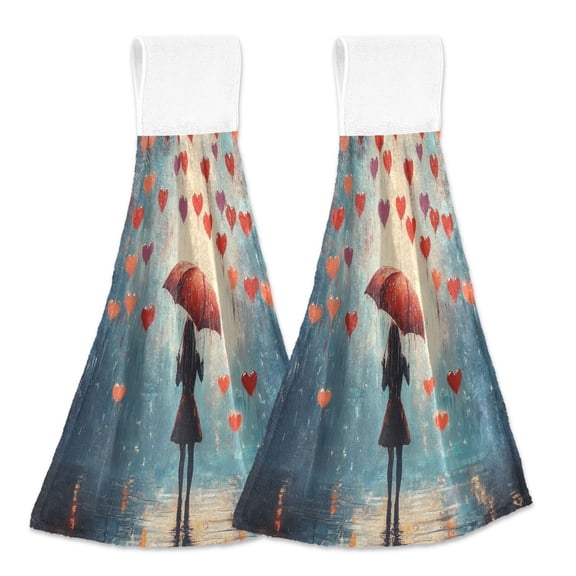 2 Pcs Kitchen Hand Towels with Hanging Loops Absorbent Soft Fast Drying Decor Bath Towels Raining Love Hearts